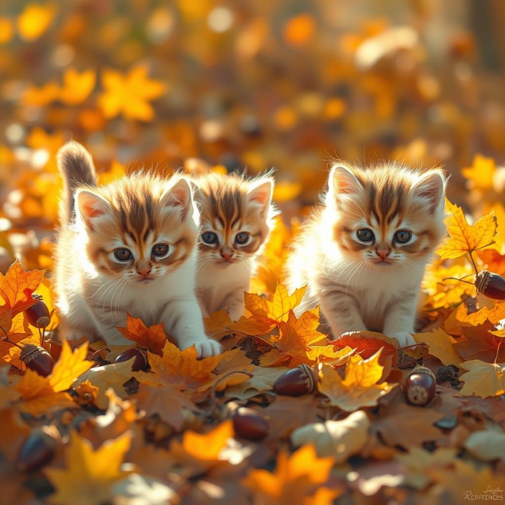Whimsical Kittens Play in Autumn Leaves