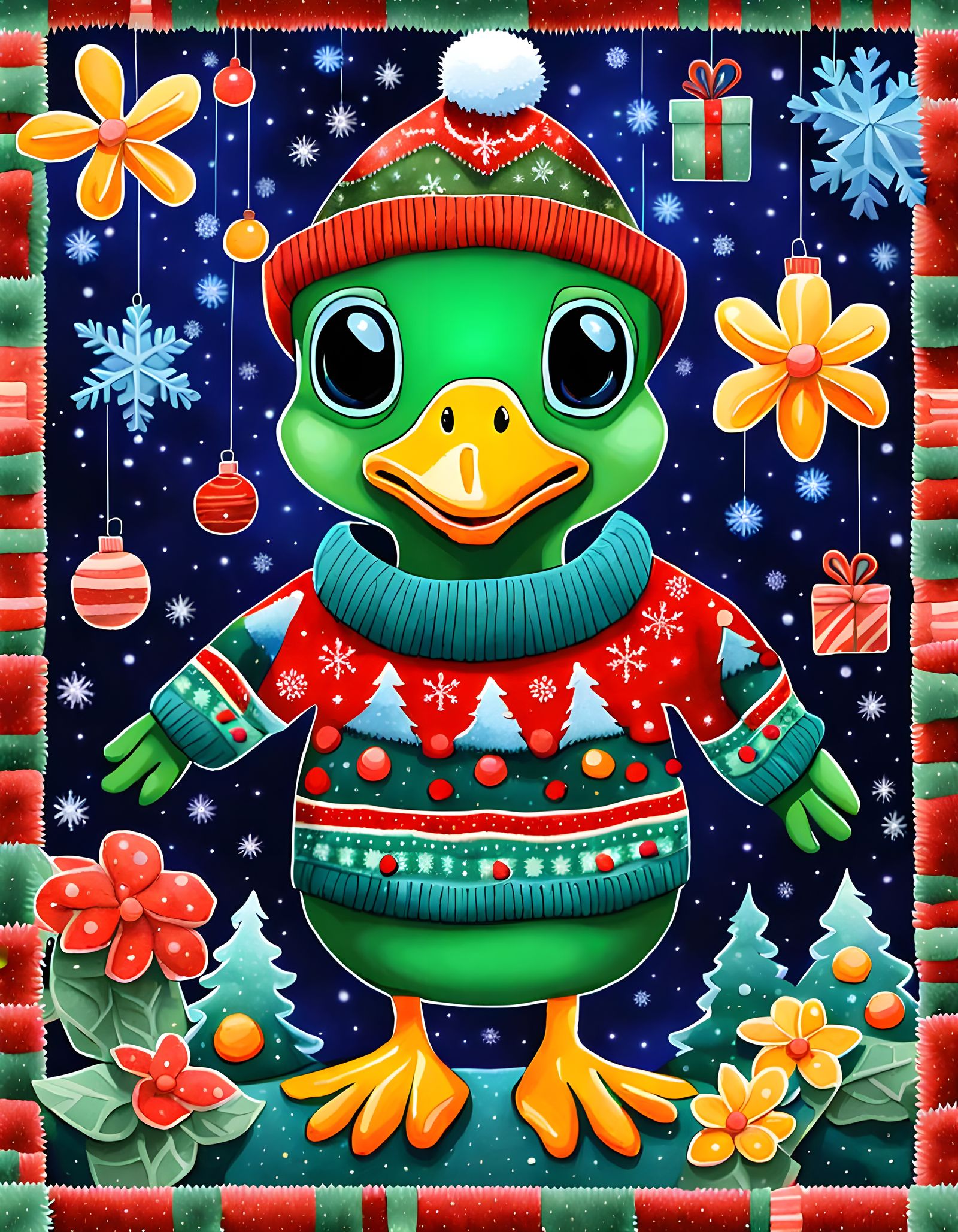 Adorable Christmas Cubist Scene with Iridescent Colors