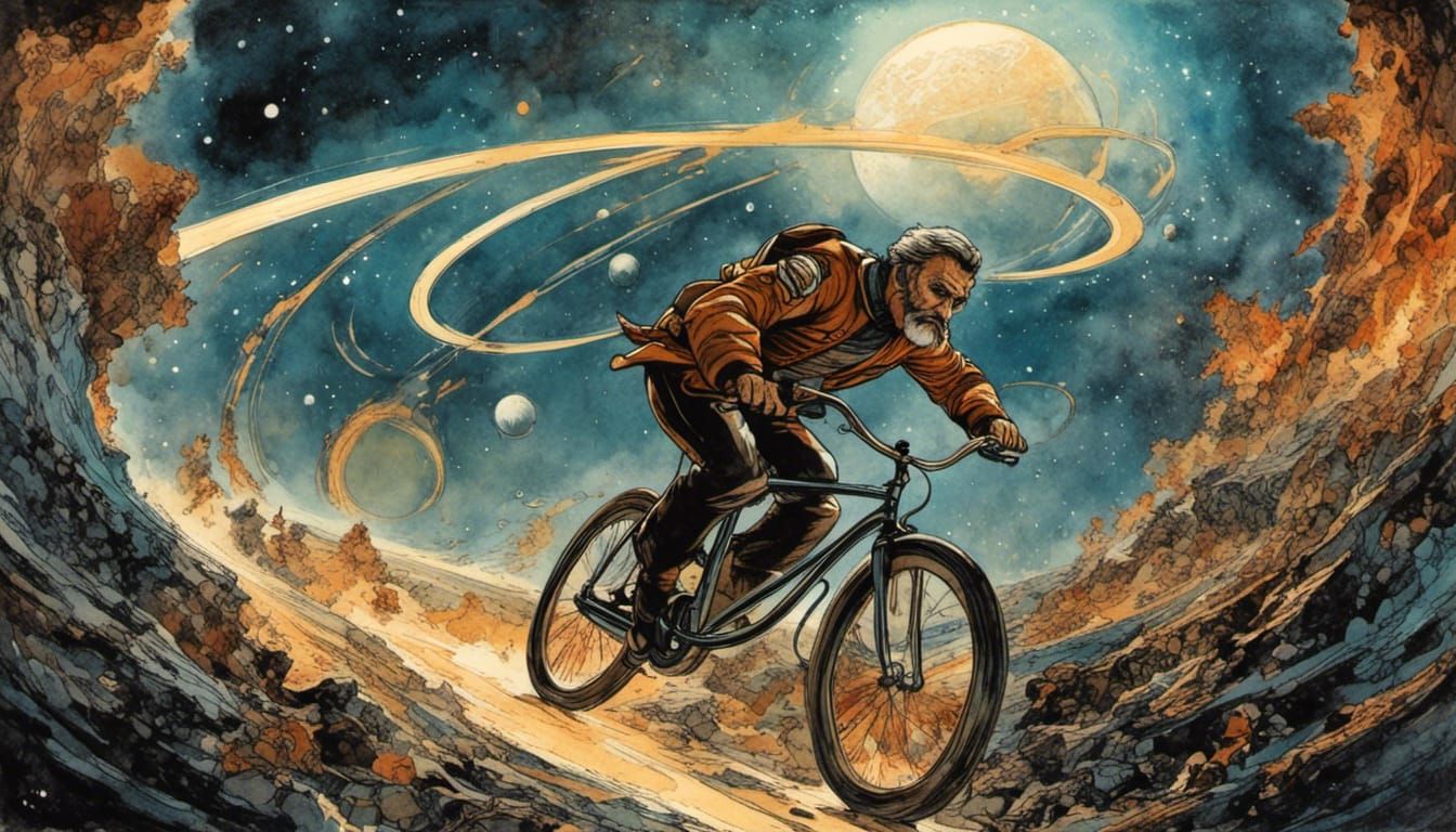 Actor Burt Reynolds Riding a bicycle through space past the rings of Saturn