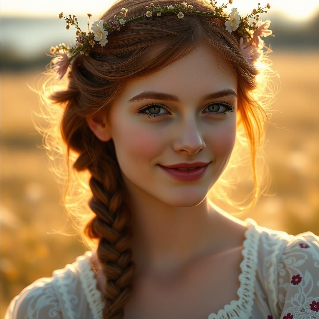 Auburn Haired Woman Crowned with Wildflowers in Meadow