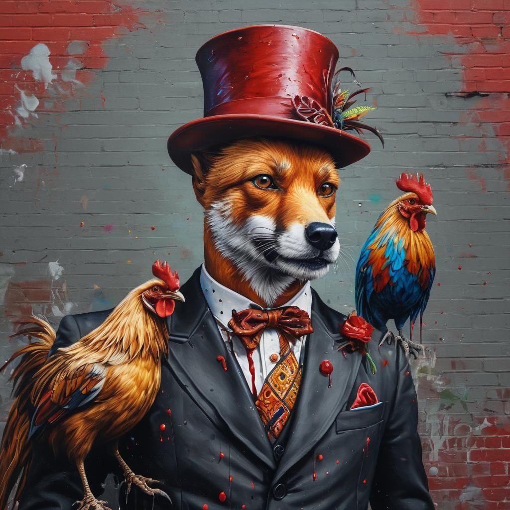 Victorian Fox Gentleman and Rooster Friend in Graffiti Art
