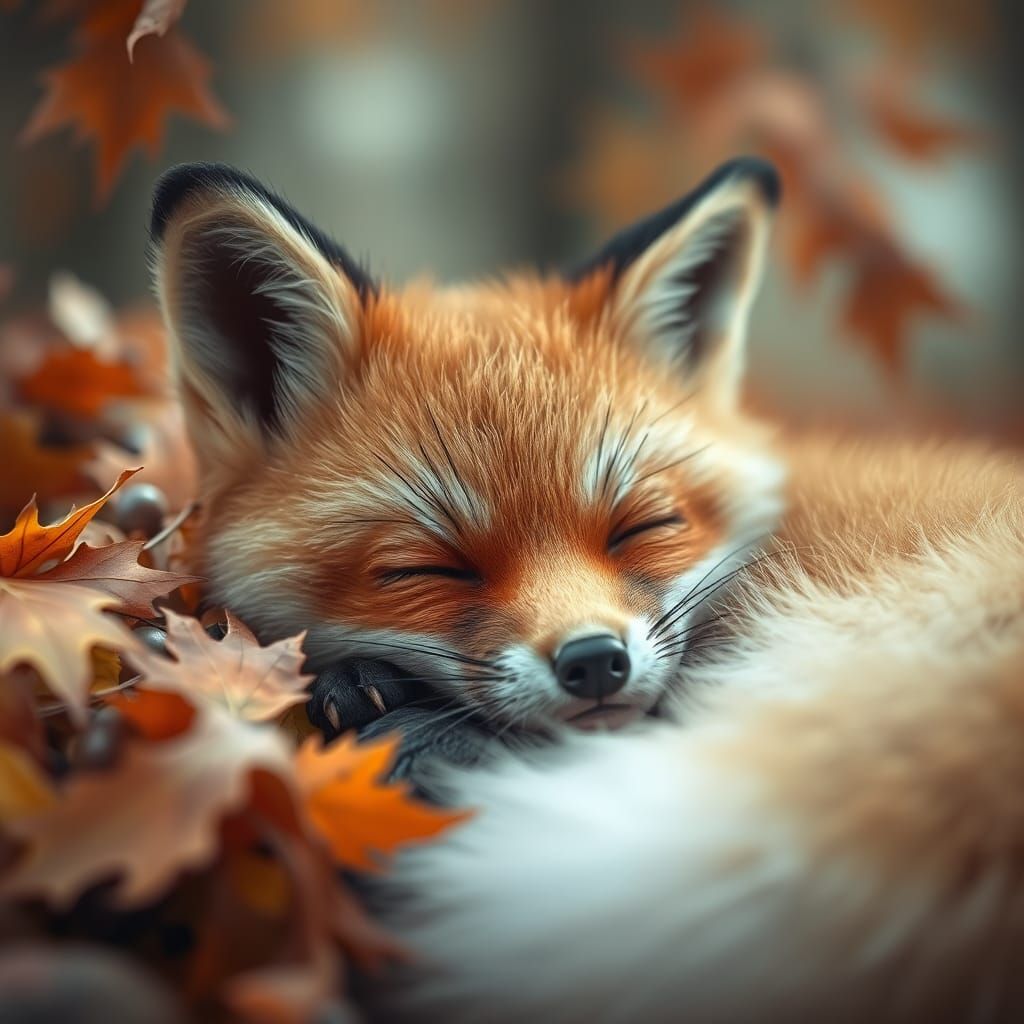 Cute Baby Fox Sleeping in Autumn Leaves