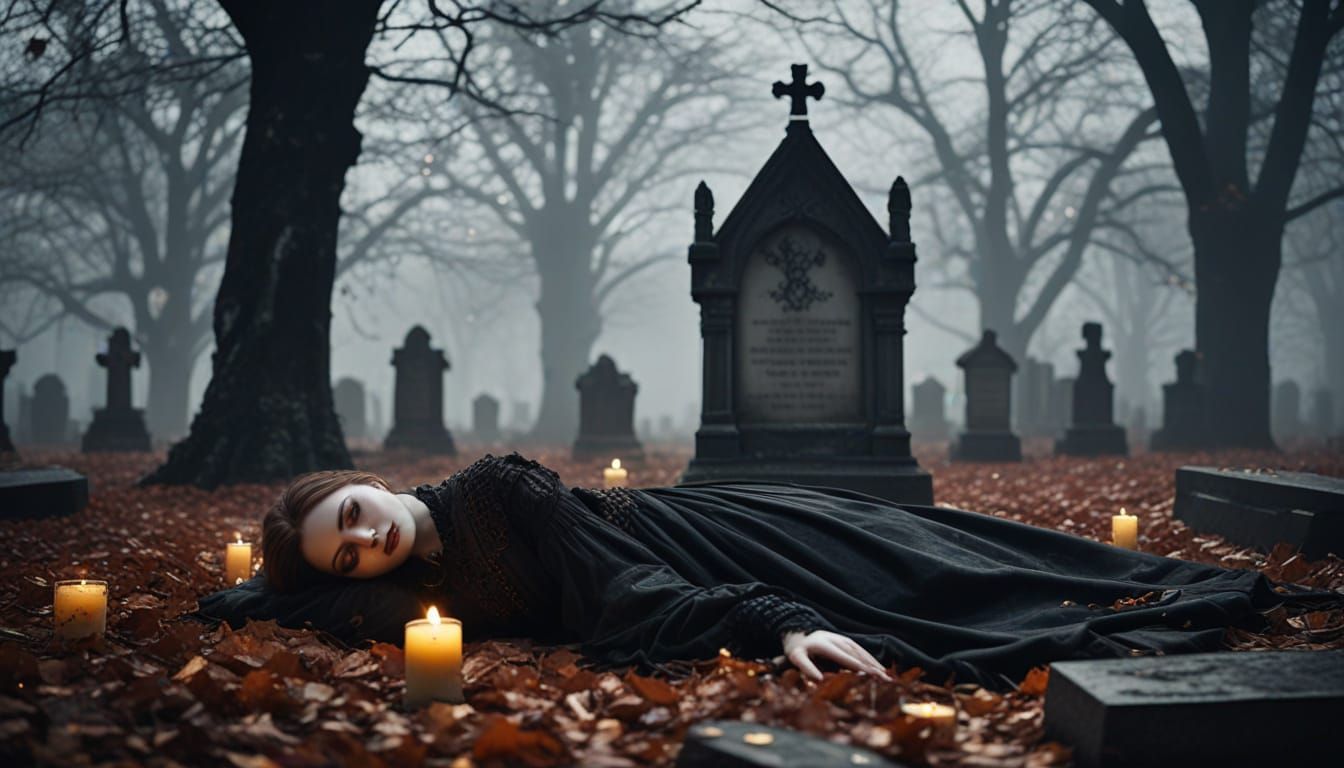 Ethereal Woman in Mystic Cemetery Scene