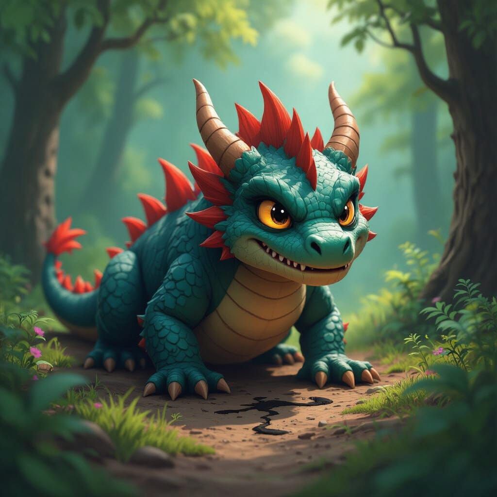 Cruel Dragon Crawls Through Vibrant Forest, 3D Game Style