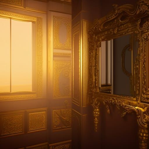 Golden Framed Mirror on Wall in Matte Painting Style
