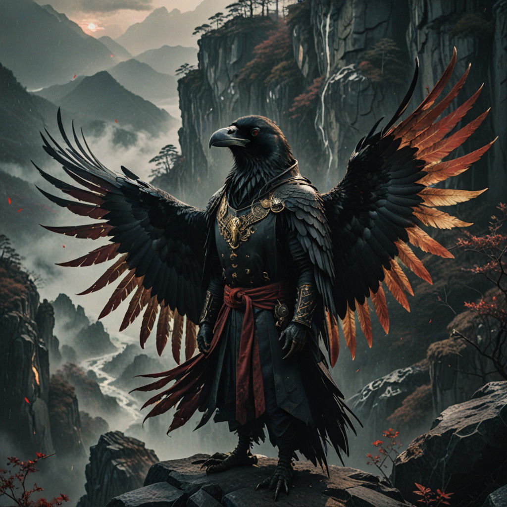 Cyberpunk-Inspired Dark Fantasy Tengu Prince