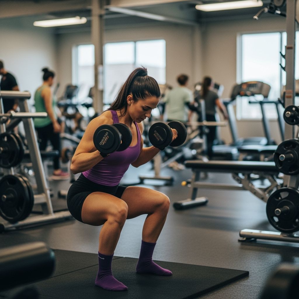 Woman Doing Bicep Curls in Public Gym