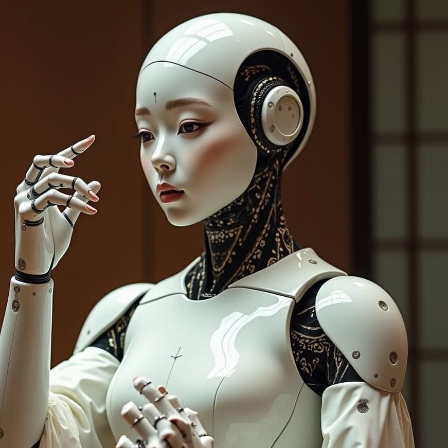 Elegant Robotic Japanese Woman in Pantomime