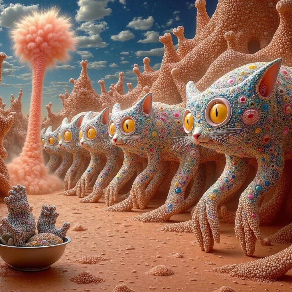Stilted Cats in Surreal Red Clay Landscape