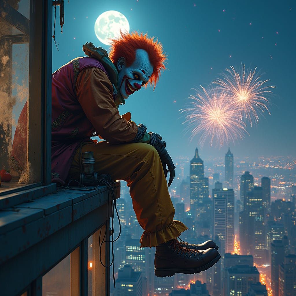 Grotesque Clown Sits on Modern Skyscraper's Edge