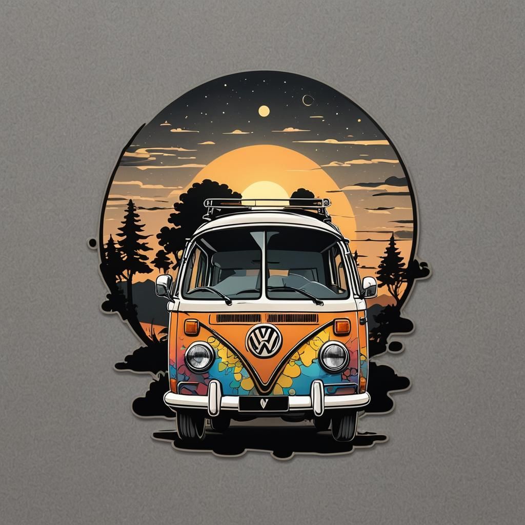 Cute VW Campervan at Sunset: Dreamy Vector Art