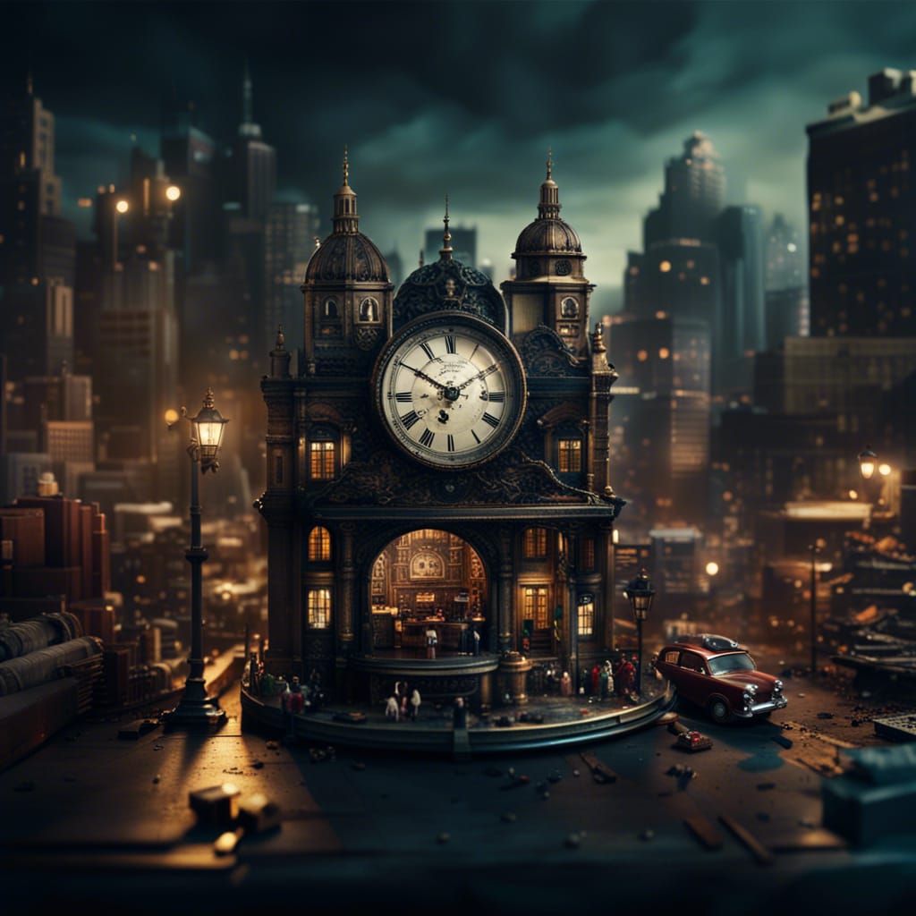 Miniature Cityscape Inside a Vintage Alarm Clock