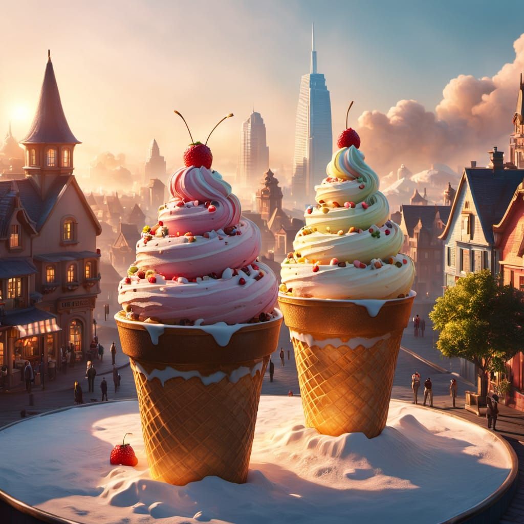 Giant Ice Cream Sundae Over Miniature City