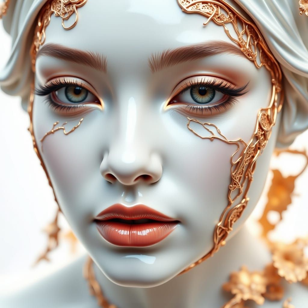 Ceramic Woman with Copper Grids and Gold Lips