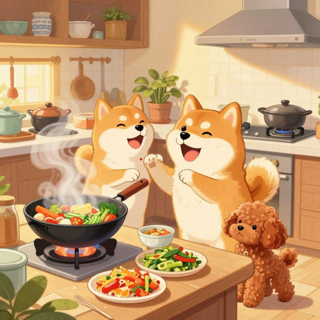 Dogs Cooking Chinese Food in Sunny Kitchen