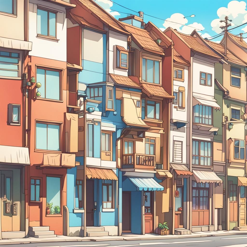Anime-Style Houses in a Cartoon Neighborhood