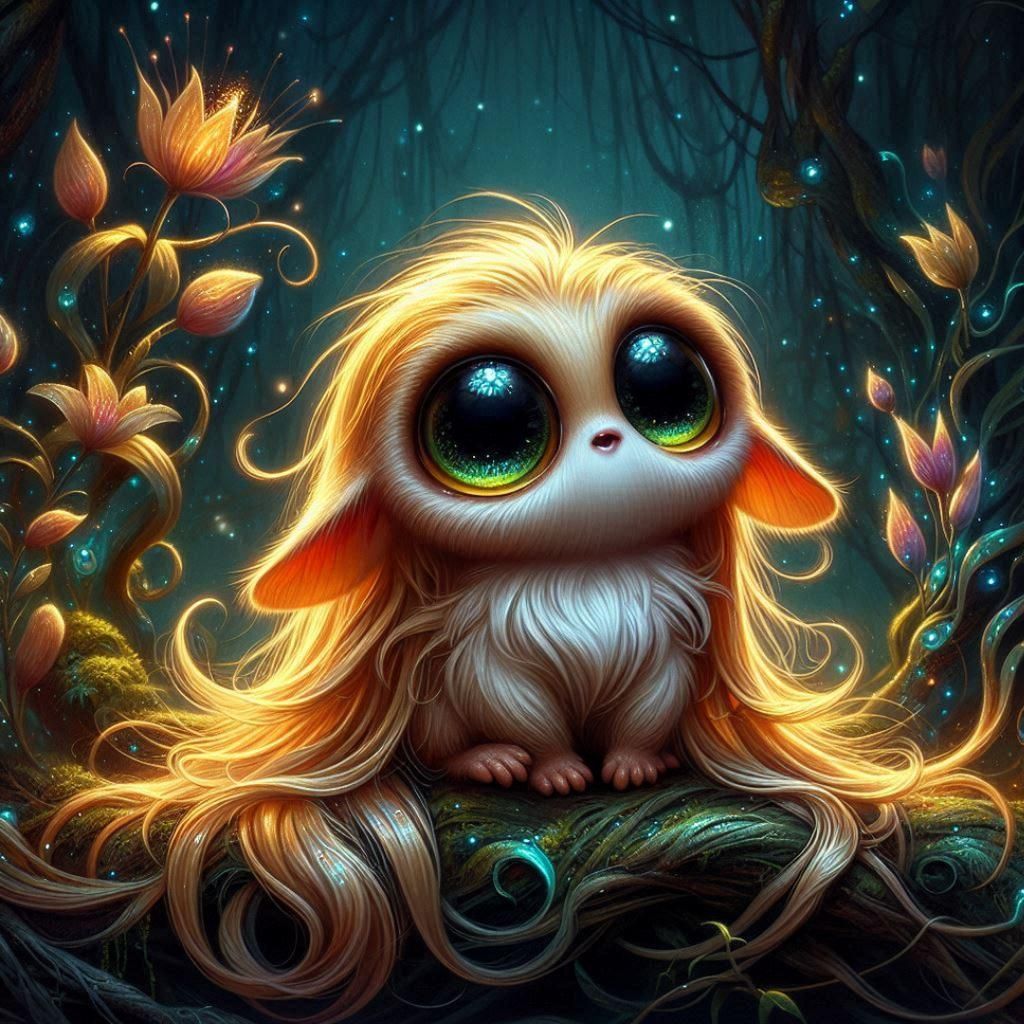 Bipedal Feline with Bioluminescent Flowers in Eerie Forest