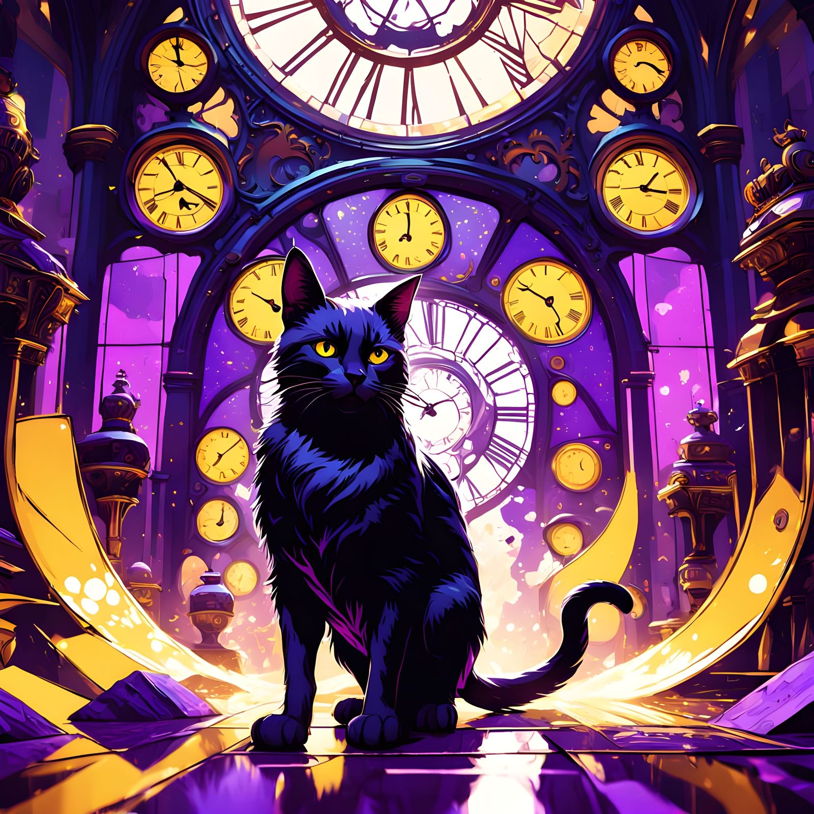 Black Cat's Journey Through a Clock-Filled Hallway