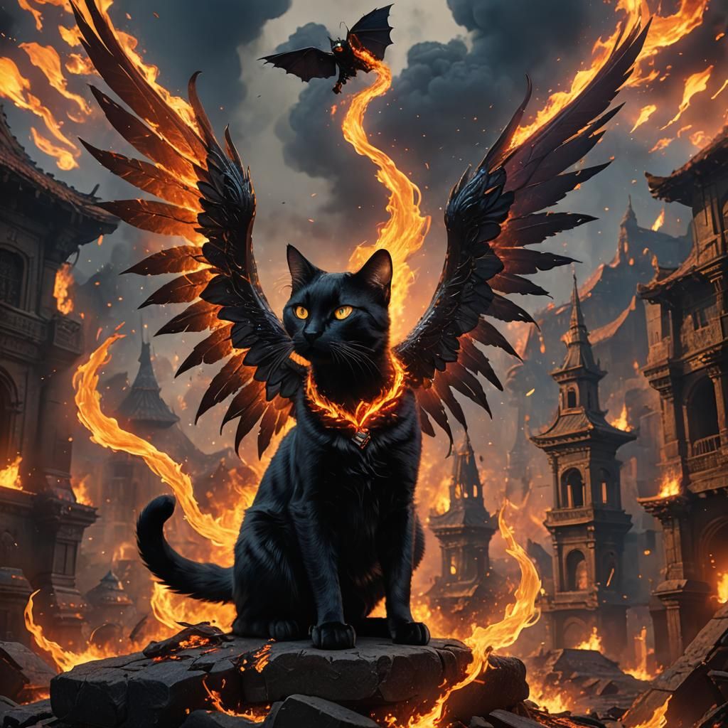 Fiery Winged Cat near Volcano: Fantasy Concept Art