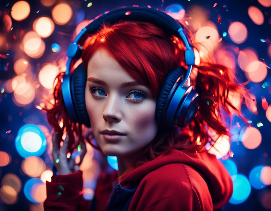Red-Haired Girl with Headphones in Nightclub Style