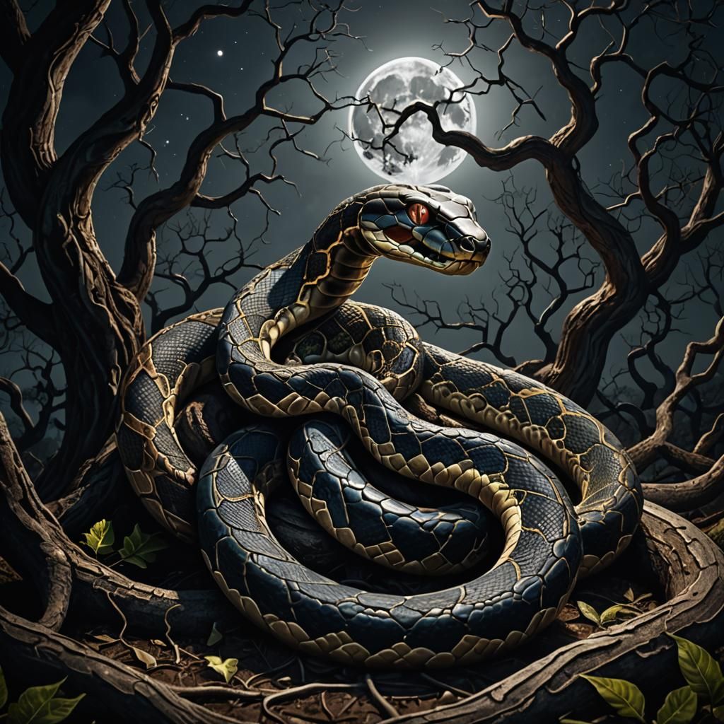 Ethereal Snake Coiled Under Moonlight: Digital Art