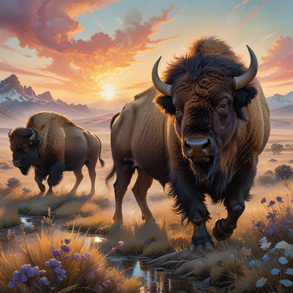 American Bison in Sunrise Prairie, Watercolor Painting
