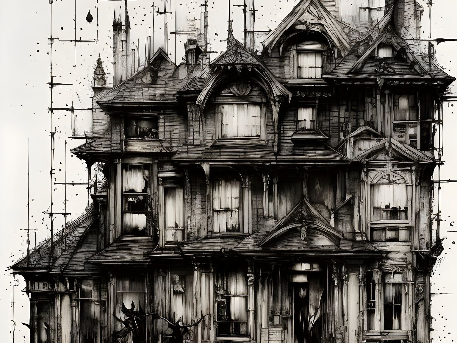 Detailed Cityscape with Ink Flow in Gouache Style