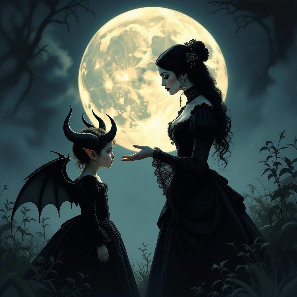 Gothic Woman Calms Puzzled Demon in Moonlight