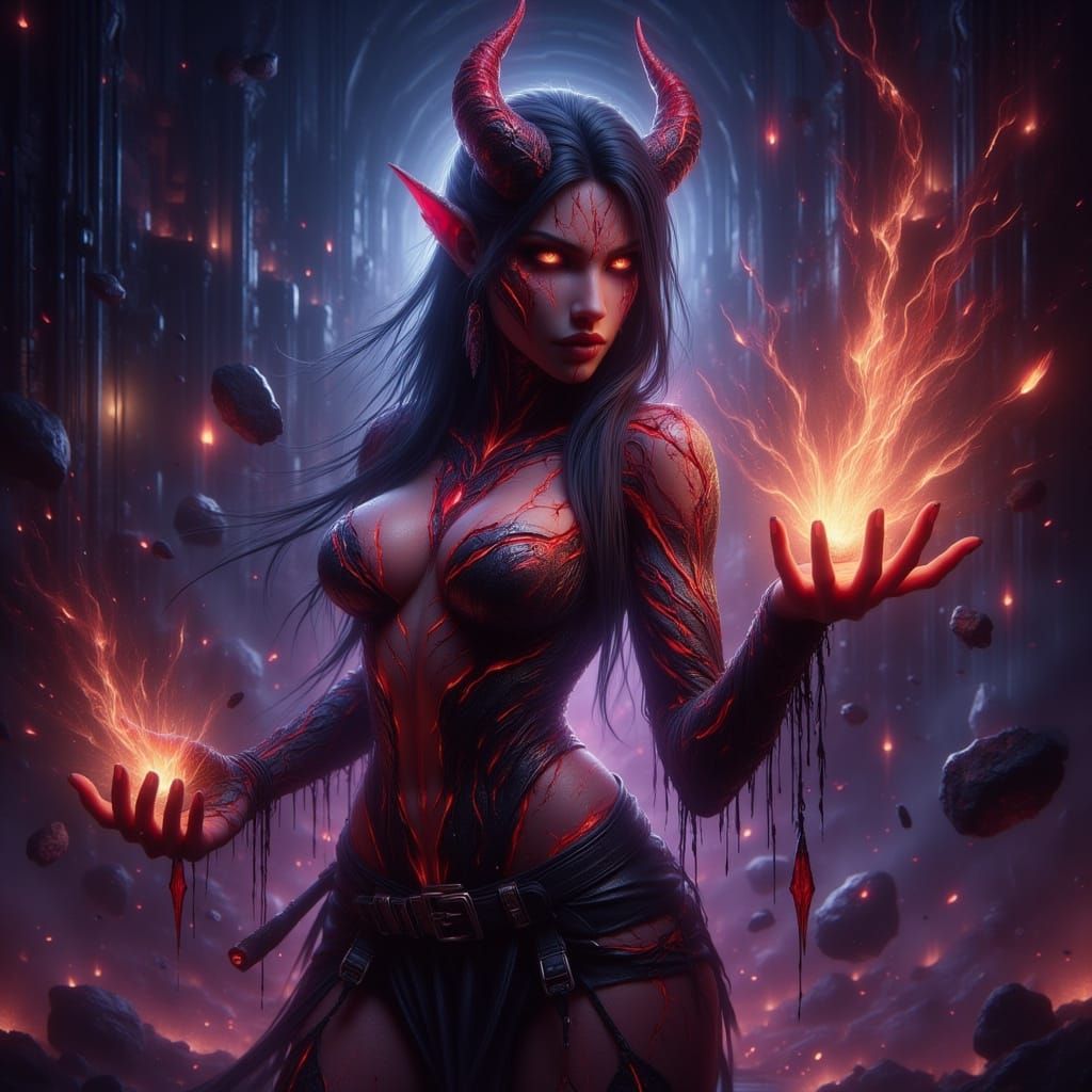 Dusky Red-Skinned Tiefling with Curling Horns and Magical Au...