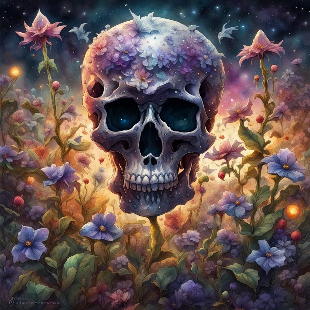 Nightshade Skull Explosion in Watercolor Style