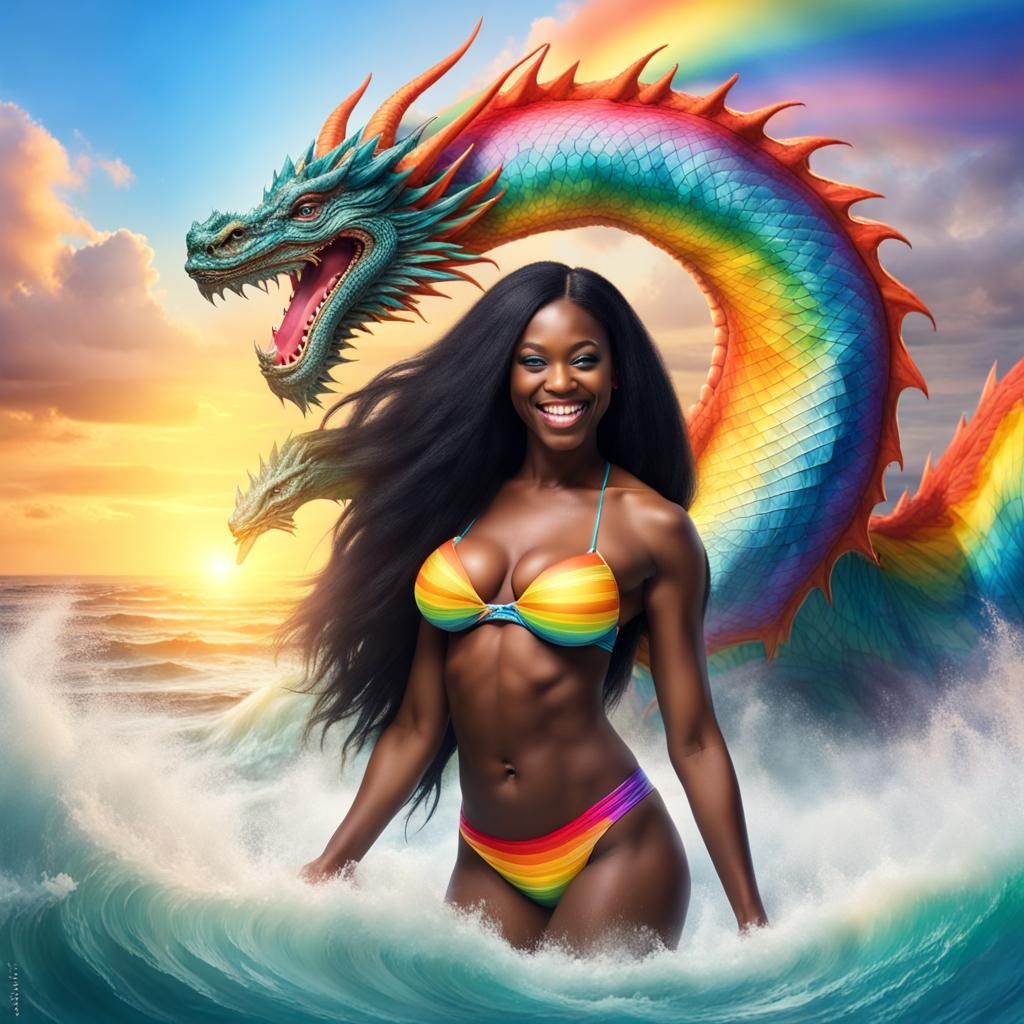 Nigerian Woman and Dragon with Rainbow in Heaven