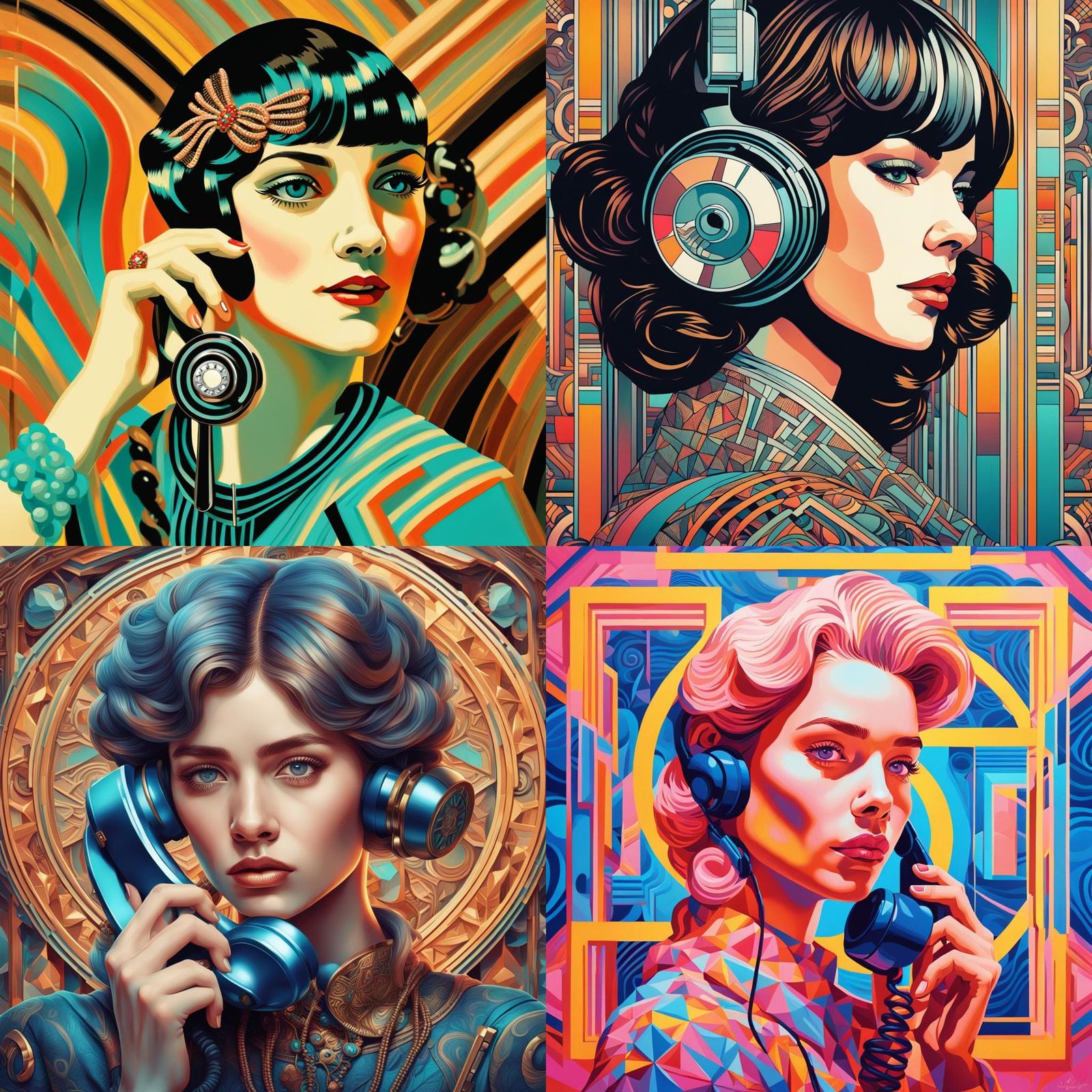 Op Art Portrait of Woman with Vintage Phone