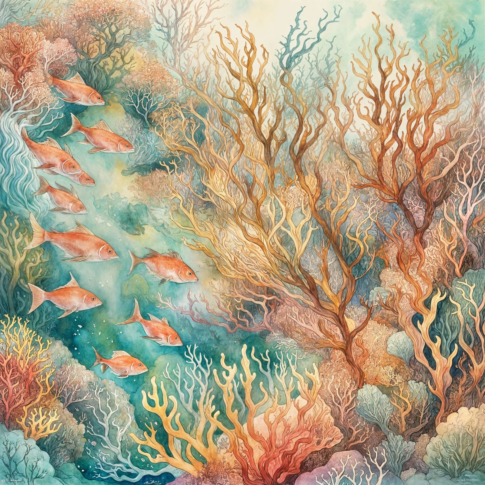 Ethereal Coral Reef Illustration in Arthur Rackham Style