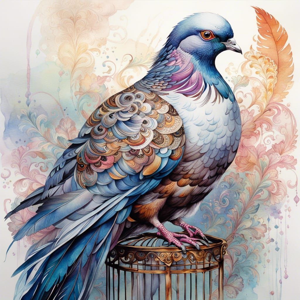 Ornate Fancy Pigeon Watercolor Painting