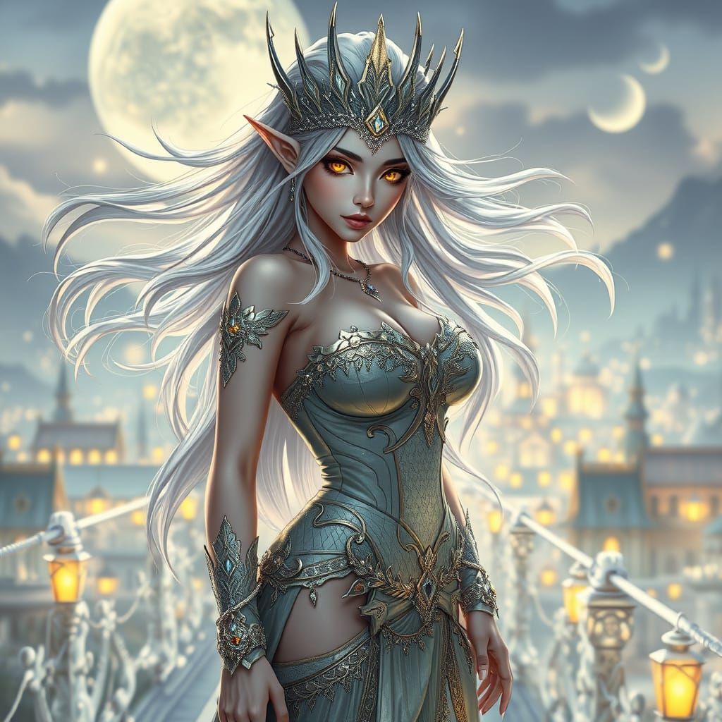 Elven Queen in Moonlit City, 3D Anime Style