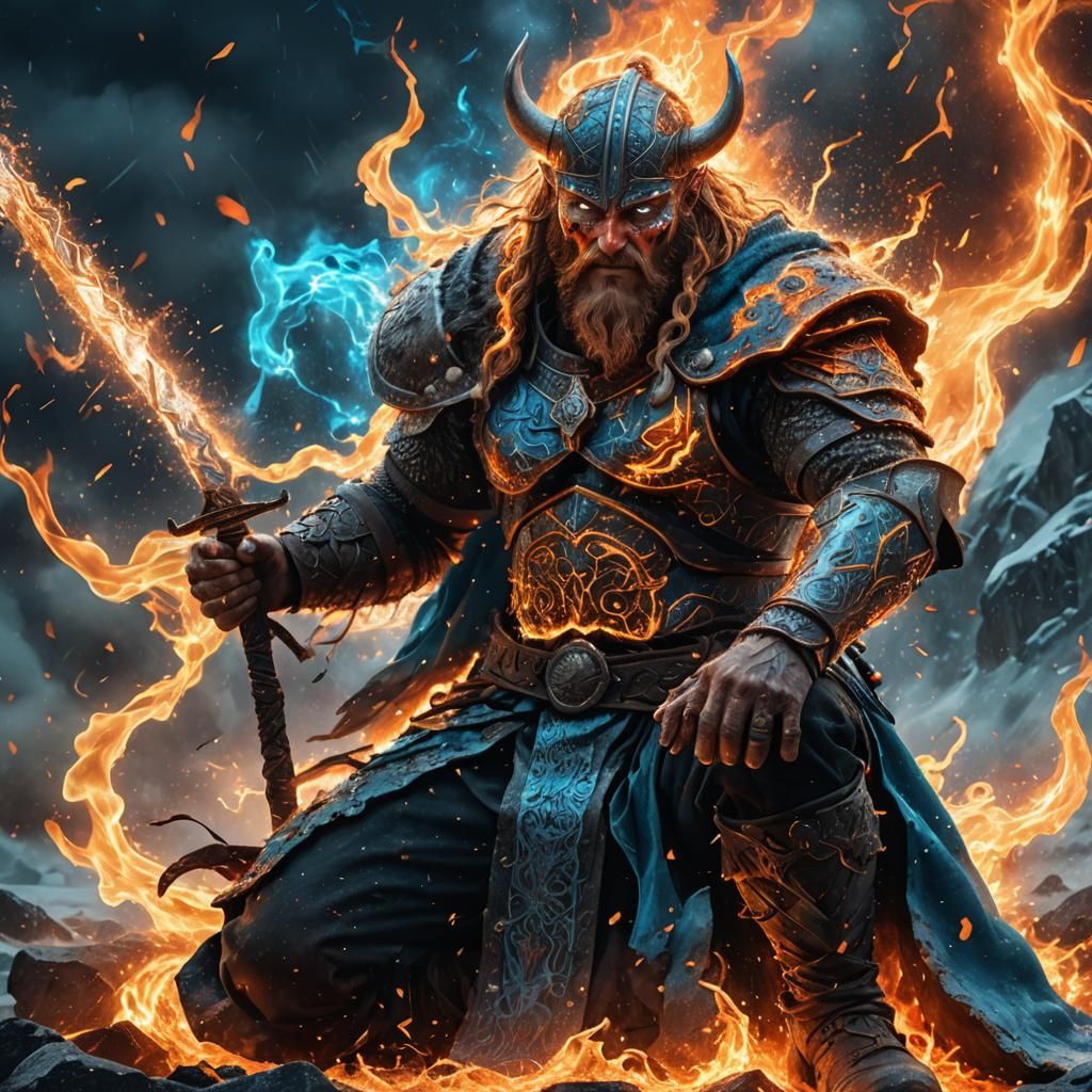 Disintegrating Viking God of Fire in Digital Art