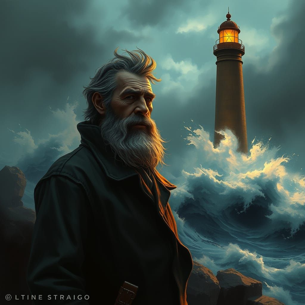 Weathered Lighthouse Keeper in Stormy Dusk, Cyberpunk-Inspir...