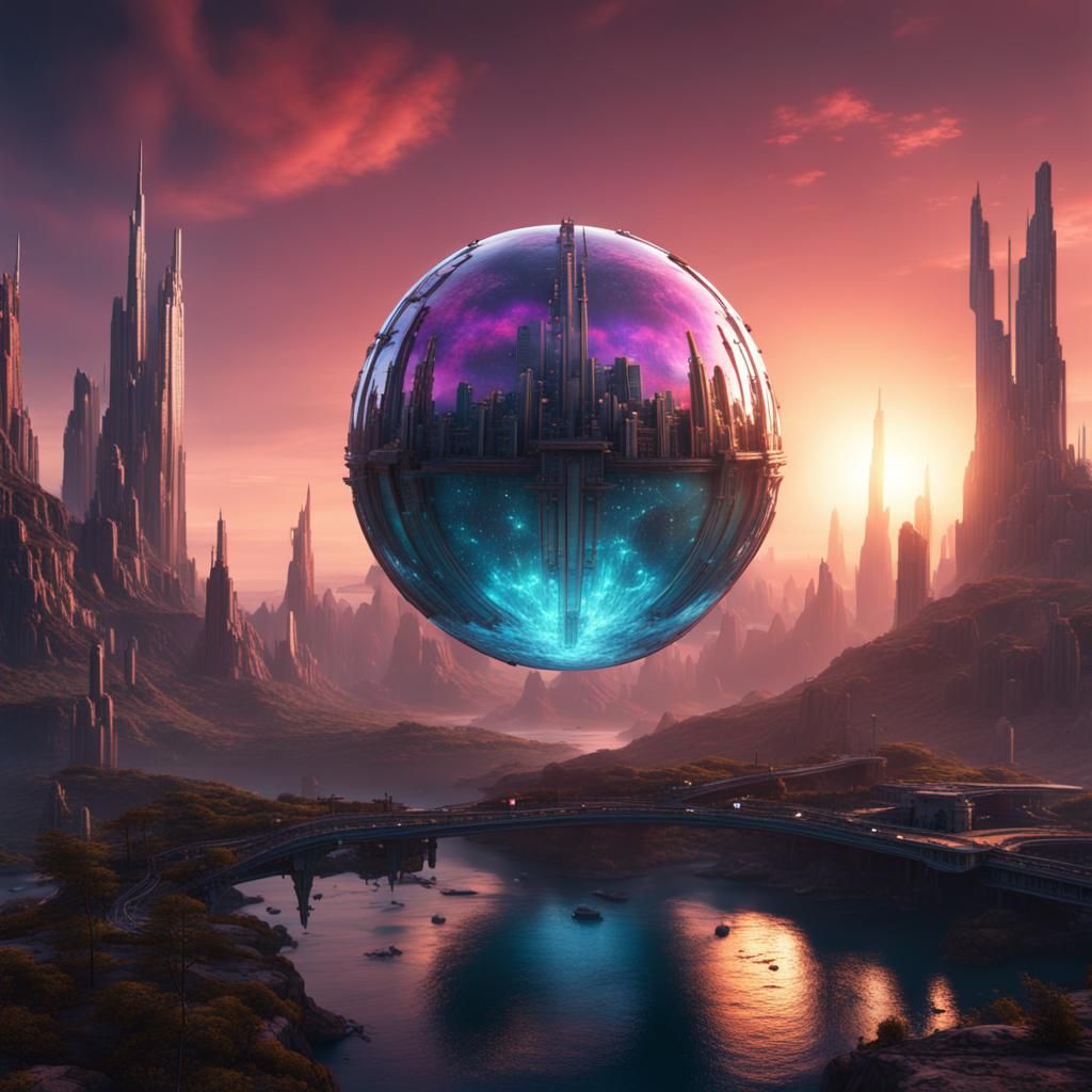 Futuristic Sphere-World at Dawn: Digital Matte Painting
