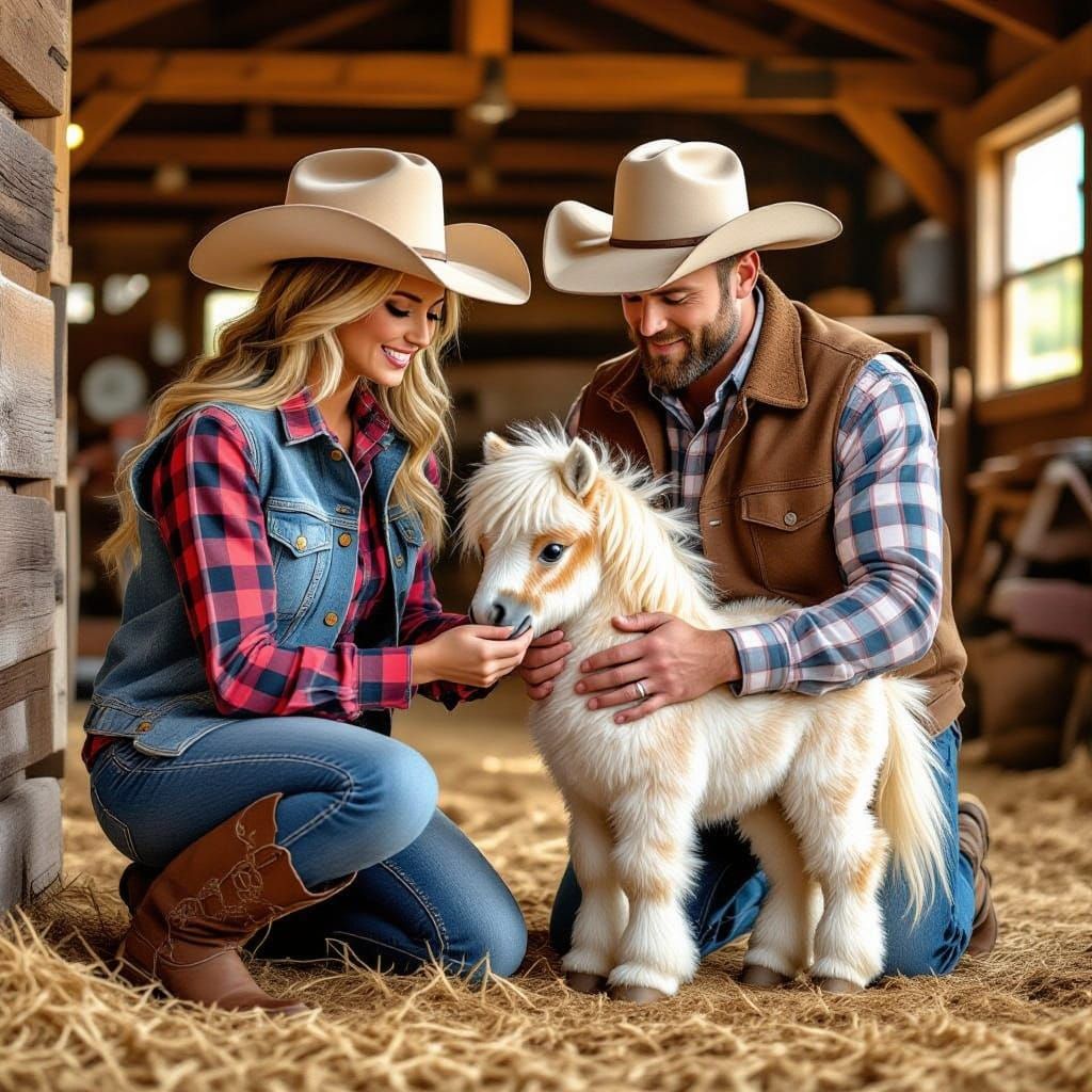 Gentle Cowboy Couple Tend to a Tiny, Fluffy Miniature Horse ...