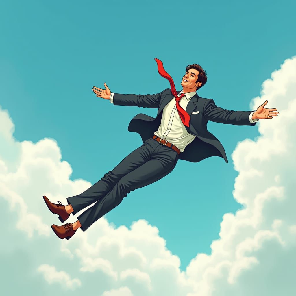 Man Soaring Through Sky in Moebius Style