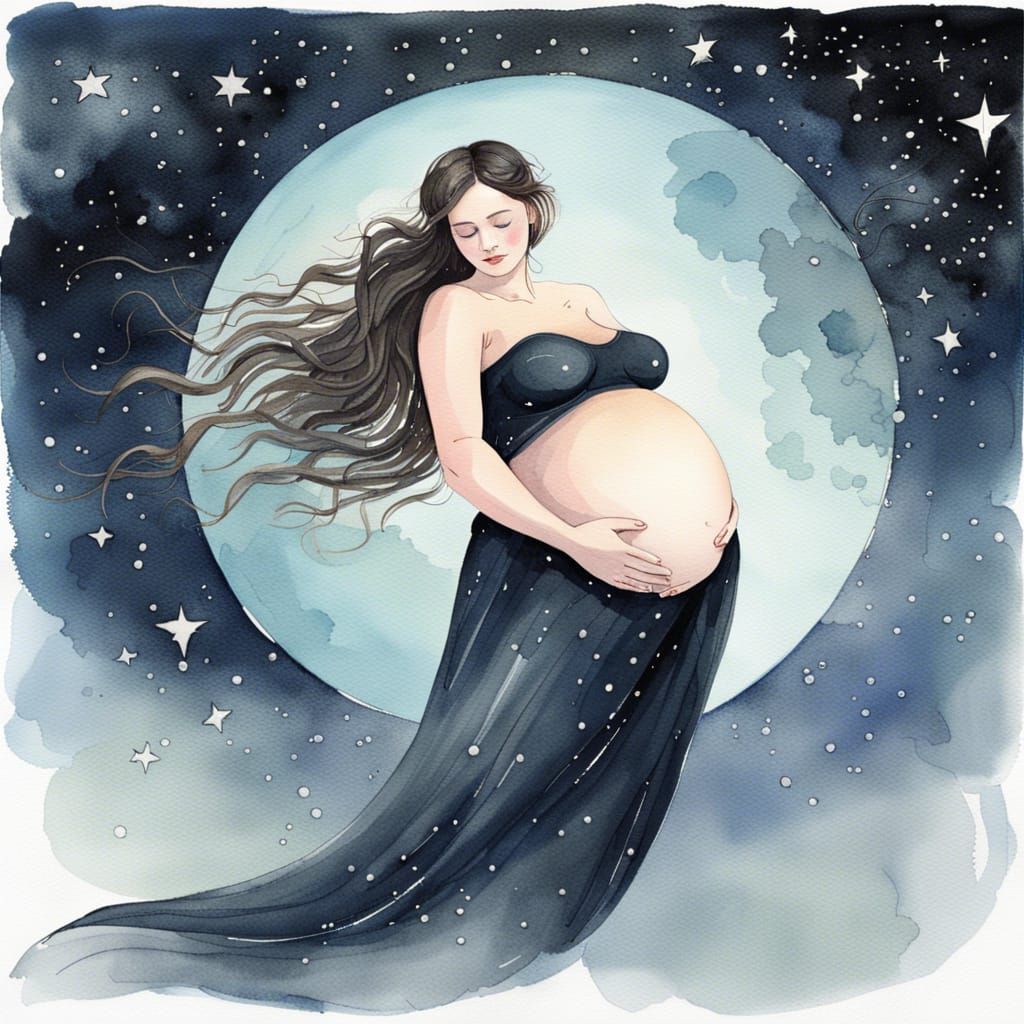Pregnant Goddess Dancing Among Stars in Watercolor