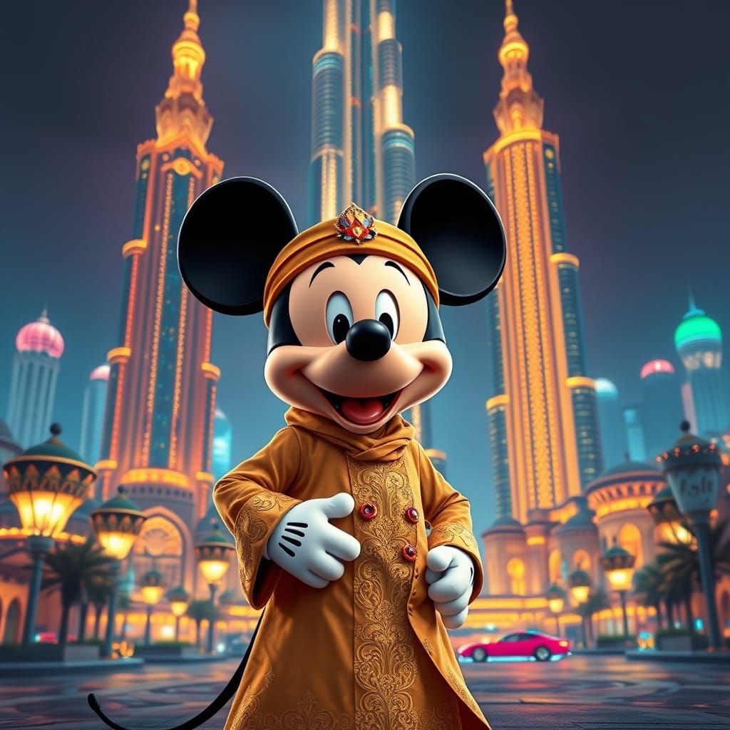 Mickey Mouse in Futuristic Dubai Oasis