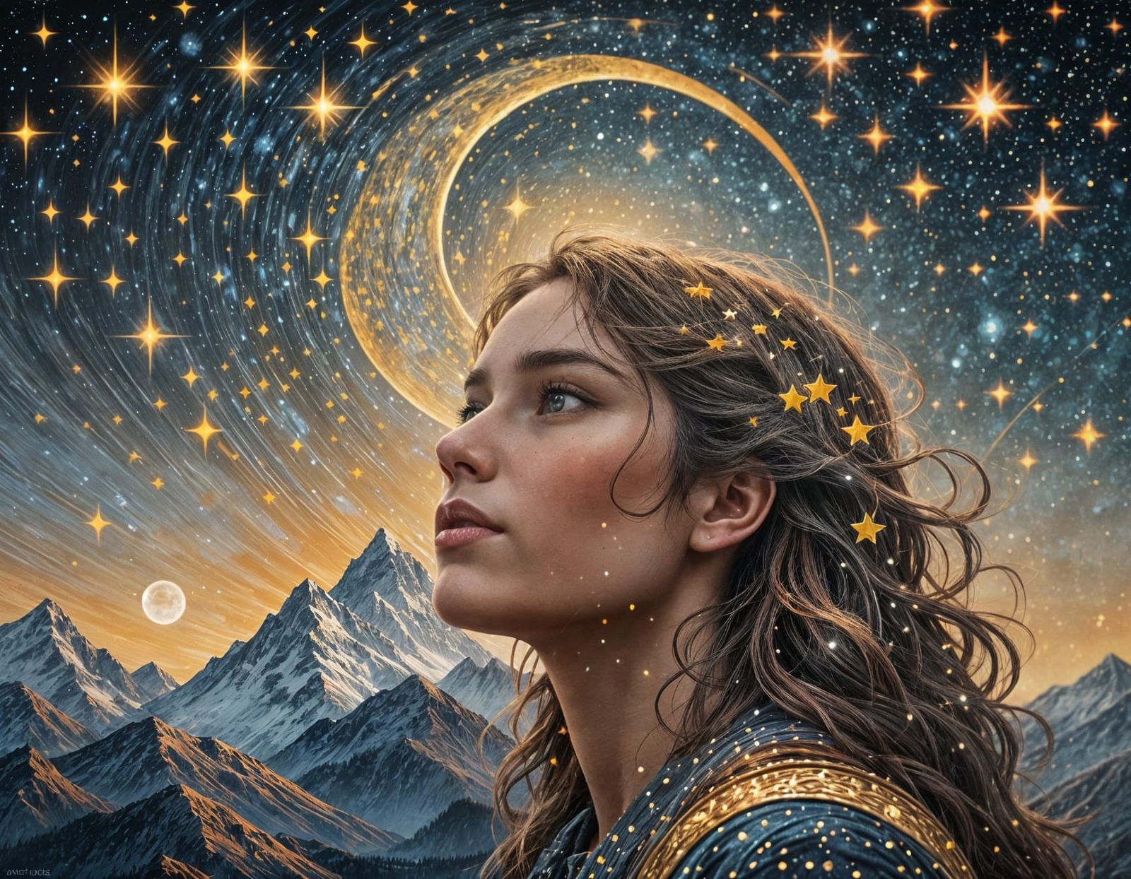 Pointillist Night Sky with Crescent Moon