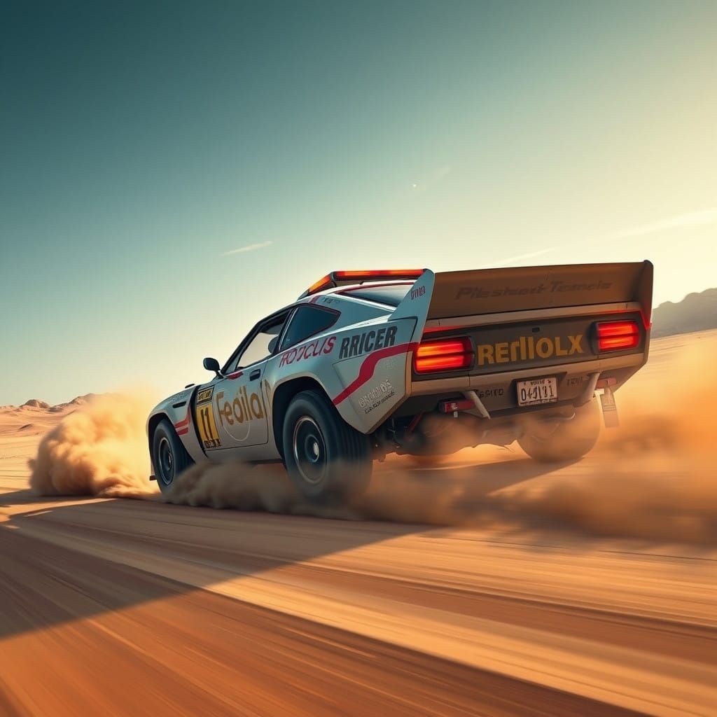 Rally Car Speeds Through Desert in Neon-Lit, Futuristic Conc...