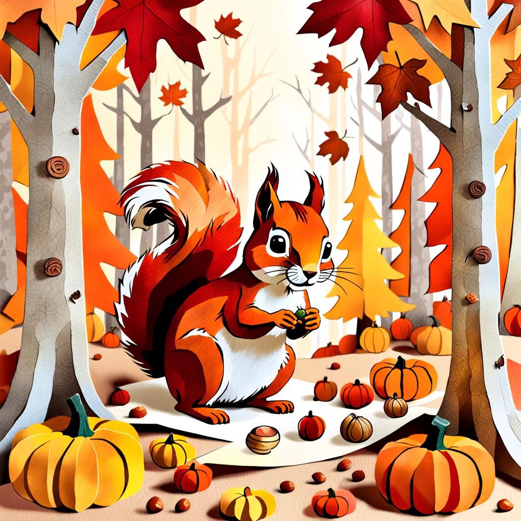 Squirrel Eating Nuts in Autumnal Paper Collage
