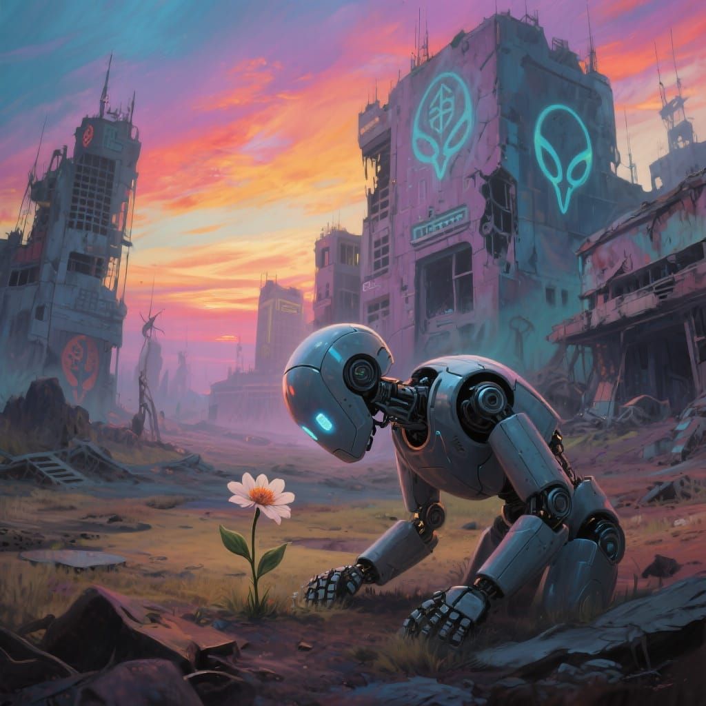 Post-Apocalyptic Robot with Flower, Airbrush Mural