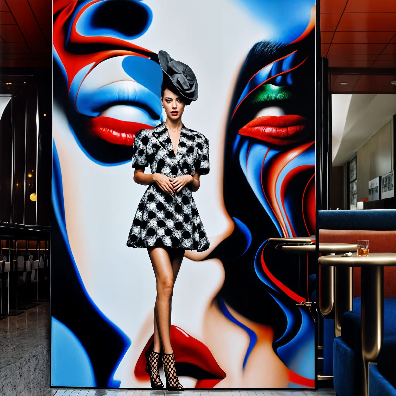 Photorealistic Portrait of Woman in Cafe with 3D Art