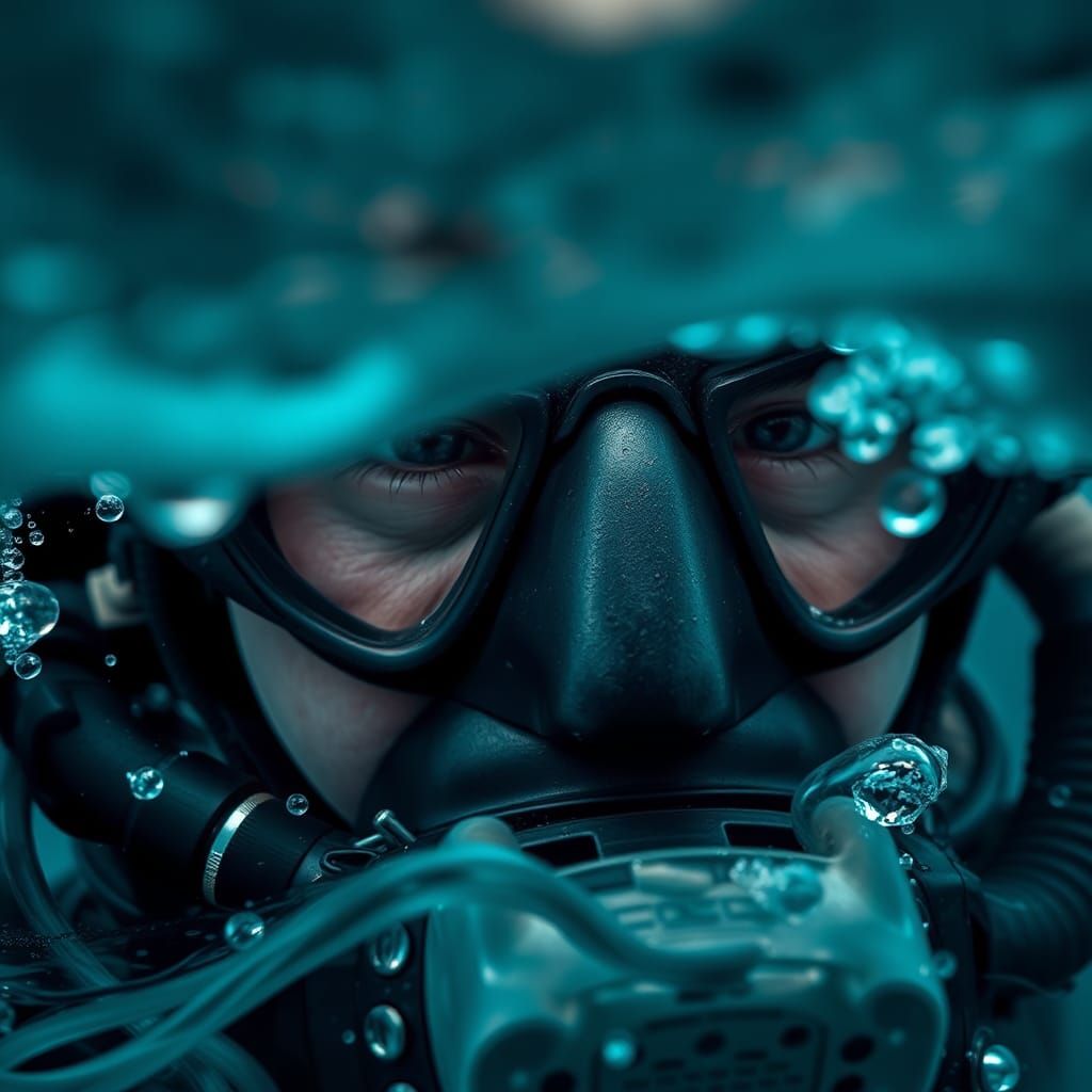 Underwater Diver's Face in Hyperrealistic Detail