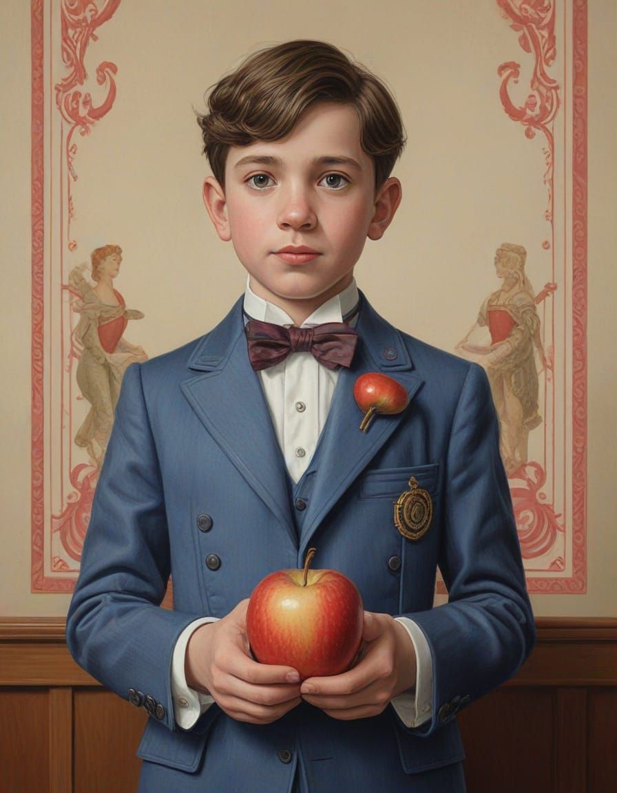 Boy Offers Apple to Grand Budapest Hotel Gentleman in Whimsi...