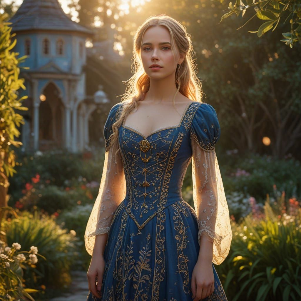 Stunning Woman in Victorian Dress Amidst Golden Hour Garden